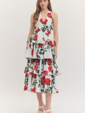 Entro White & Red Floral Tiered V-Neck Summer Dress size small